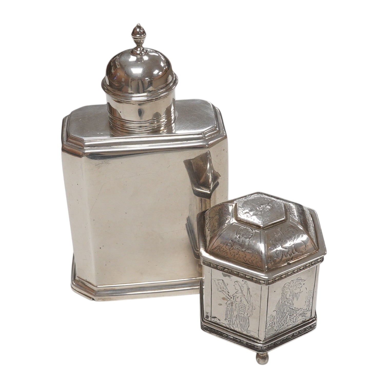 A late Victorian silver octagonal tea caddy, by Thomas Bradbury & Sons, London, 1895, 12.8cm and a Dutch? engraved white metal hexagonal silver marriage pot and cover, 8.3oz. Condition - poor to fair